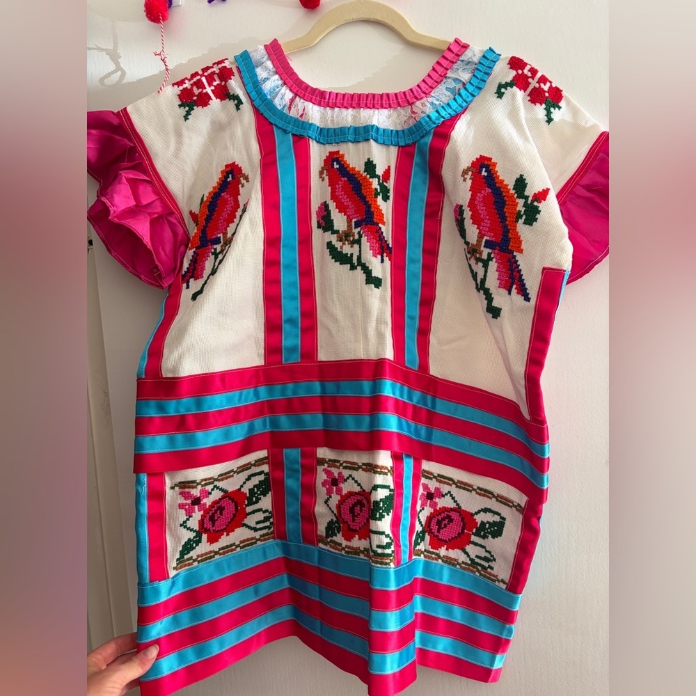 Handmade Embroidered Mexican Huipil Top Dress Oaxaca Hand Sewn Artisan Vintage